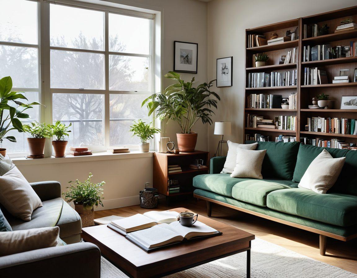 A cozy, minimalist living room with a neatly arranged bookshelf filled with practical items and life hacks displayed creatively. Include a coffee table with an open notebook showcasing life tips, a steaming cup of tea, and a small potted plant for a touch of green. Natural light streaming through a window adds warmth to the scene. super-realistic. vibrant colors. warm atmosphere.