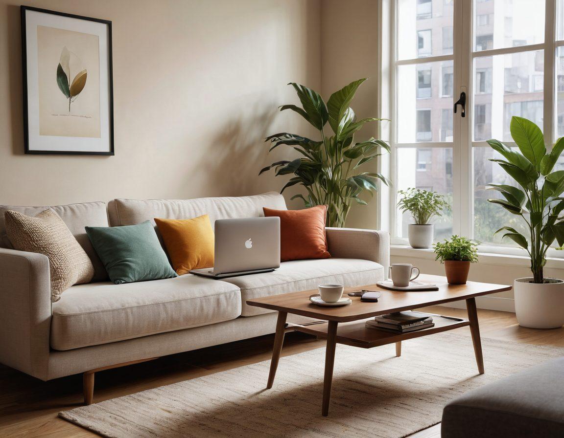 A cozy living room filled with simple yet innovative gadgets, a coffee table with a laptop showing user-friendly apps, plants adding a touch of warmth, a person relaxing in a comfortable chair with a cup of tea. The scene should evoke a sense of ease and comfort, highlighting a blend of technology and relaxation. warm colors. super-realistic.