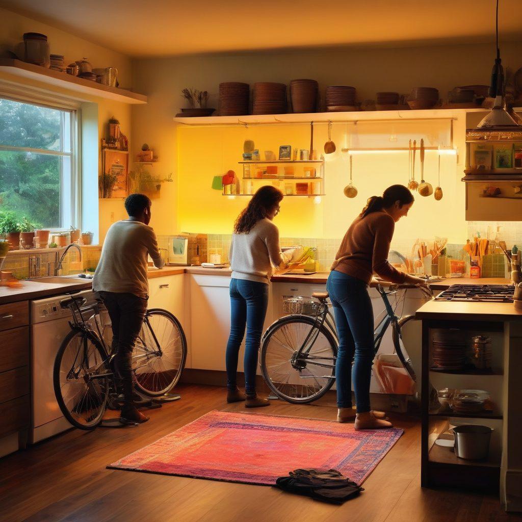 A visually engaging scene depicting a diverse group of people (different ages and backgrounds) enthusiastically engaged in various life hacks, such as organizing a kitchen, fixing a bike, and multitasking efficiently. Include vibrant everyday objects like post-it notes, tools, and household items scattered creatively. The setting should be a cozy, well-lit home environment to evoke warmth and approachability. super-realistic. vibrant colors. soft lighting.